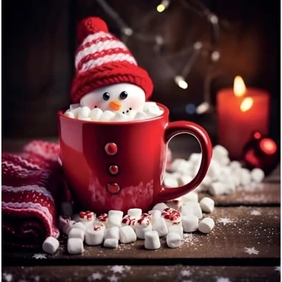Image of Noel Tatt Charity Christmas Cards Pack of 10 with Cosy Snowman Hot Chocolate Design Eco Friendly Xmas Multipack Envelopes
