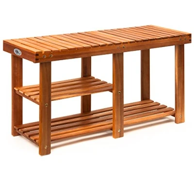 Image of CASARIA Shoe Rack Bench with Seat 87x45x30cm 200kg Load Capacity 3 Shelf Levels Solid Acacia Wood Hallway Bathroom Kitchen Wooden Cabinet Brown