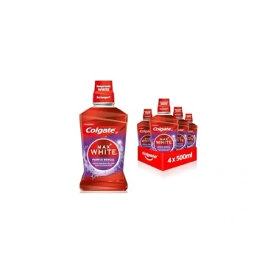 Image of Colgate Max white Purple Reveal mouthwash (4 x 500ml) teeth whitening keep for longer* lasting stain prevention** helps prevent yellow discolouration***
