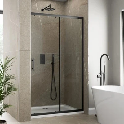 Image of Luxura® 1400mm Sliding Shower Door Screen for Wet Room Cubicle Enclosures, 6mm Toughened Safety Glass, Framed, Matt Black