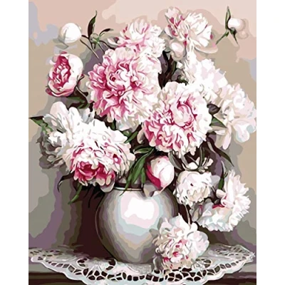 Image of Awesocrafts Number Painting Kits, Peonies, Peony Flowers in Vase Paint by 16x20 inches for Adults and Kids (Peonies，No Frame)