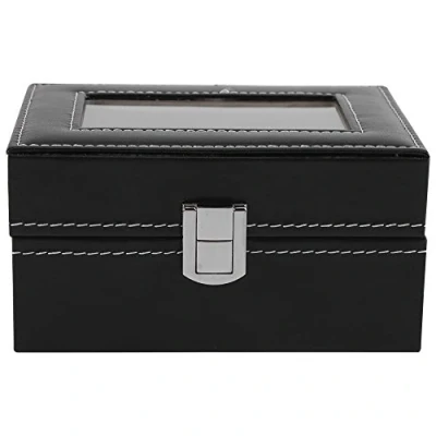 Image of Zerodis Watch Case Box, 3 Slots PU Leather Black Classic Jewellery Display Storage Organizer Box With Clear Glass Top