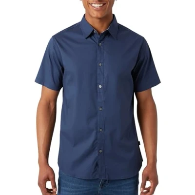 Image of DKNY Men Shirts Casual Button Down Shirt Short Sleeve Up for Men, Dark Denim, Medium