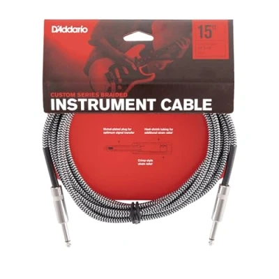 Image of D’Addario Accessories Custom Series Braided Guitar Cable Instrument with Nickel Plated ¼ Inch Ends Protects Cord Against Cuts, Kinking 15 feet Grey