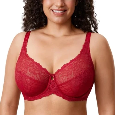 Image of Delimira Women&#039;s Plus Size Bra Full Coverage Minimiser Non Padded Lace Underwired Bras Dark Red 44G