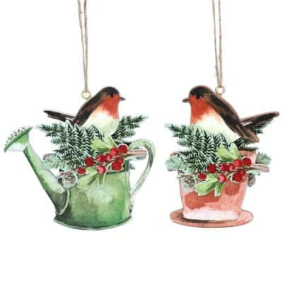 Image of Gisela Graham Wood Robin Decorations on Watering Can and Flower Pot Set of 2 Assorted