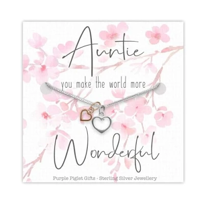 Image of Auntie Sterling Silver Rose Gold Heart Necklace Double Two Pendant Box Chain Versatile Design Unique &amp; Thoughtful Gift Birthday Present From Niece Nephew