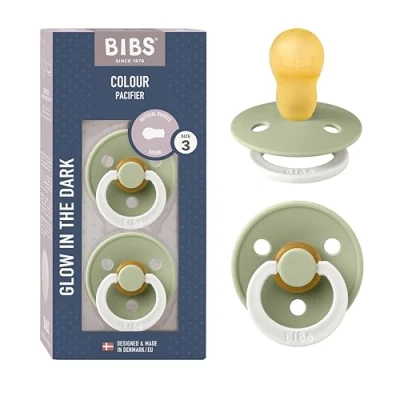 Image of BIBS Colour Night Glow in The Dark Soother 2 Pack, BPA Free Dummy Pacifier, Round Nipple. Natural Rubber Latex, Made Denmark, Size 3 (18+ Months), Sage
