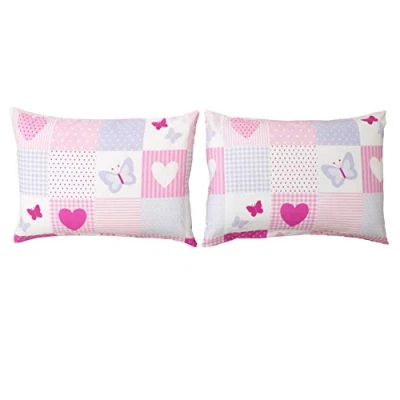 Image of Bloomsbury Mill Kids Pillow Cases 2 Pack Hearts and Butterflies Patchwork Pink Covers for Girls Duvet Cover Sets or Travel Pair of Childrens Pillowcases (Extra) 50x75cm