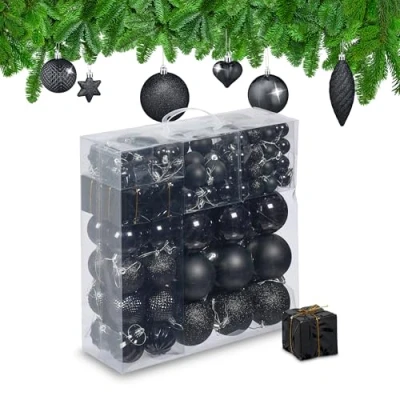 Image of Relaxdays Christmas Bauble Set of 110, Glittery, Matt &amp; Shiny Ornaments, Plastic Xmas Tree Balls, HxD: 9 x 8 cm, Black