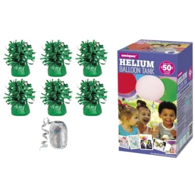 Image of Large helium balloon Canister with 6 Green weights and 10m Ribbon fills upto 50 9 inch latex balloons