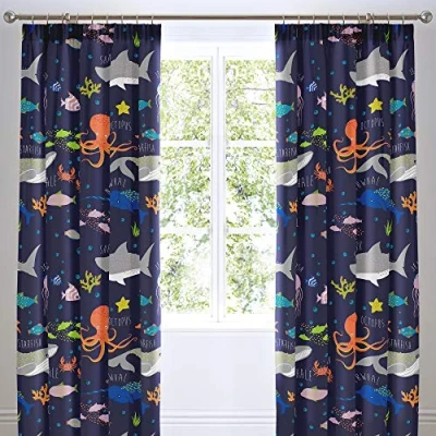 Image of Bedlam Sea Animals Curtains Two Panels W66 x L72 (168 183cm) Sharks, Fish &amp; Whales Bedding for Kids Dark Blue Pencil Pleat Boys Creatures Bedroom Accessories