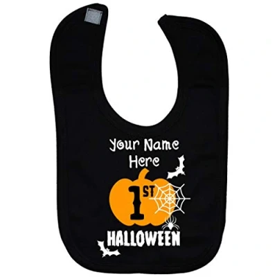 Image of Acce Products Personalised My First Halloween Baby Feeding Bib Touch Attach 0 to approx 3 Years Black