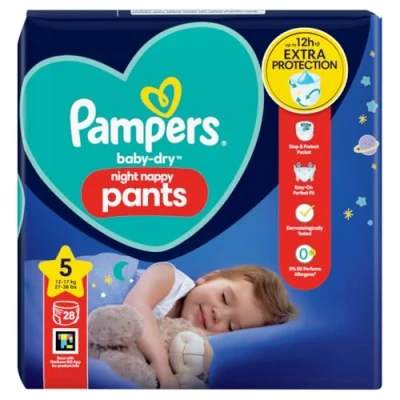 Image of Pampers Baby Dry Night Nappy Pants Size 5, 28 Nappies, 12kg 17kg, Essential Pack, Most Absorbent for Extra Protection