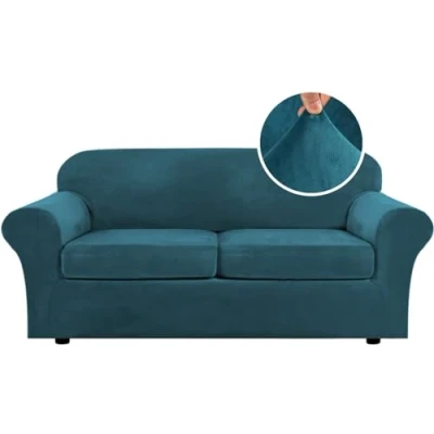Image of LINGKY Velvet Sofa Cover 2 Seater With Separate Seat Cushion Covers, Stretch Couch Non Slip Slipcovers for Living Room Furniture Protector (Deep Teal,Large Seater)