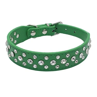 Image of haoyueer Bling Rhinestone PU Leather Crystal Diamond Pet Dog Cat Puppy Collar S M L XL (M, Green)