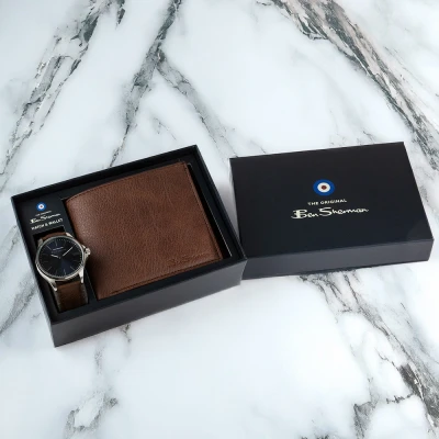 Image of Ben Sherman Mens Watch and Wallet Gift Set, Wristwatch with Dark Blue Dial Brown Strap Matching BS066BR G 2 Year Warranty