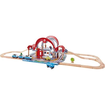 Image of Hape Grand City Station Wooden Pretend Play Railway Set with Projector and Recorder For Kids