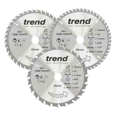 Image of Trend Wood Cordless Circular Saw Blades, 165mm Diameter, 20mm Bore, 24, 40 &amp; 52 Teeth, TCT, 1.5mm Kerf, +15 Hook, CSB/165/3PK/B