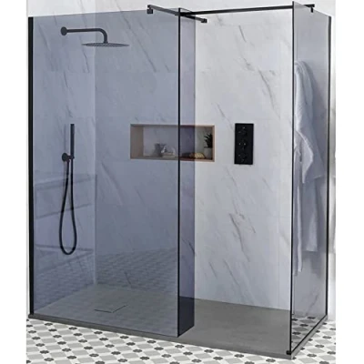 Image of Milano Nero Luna Black Corner Frameless Wet Room Shower Enclosure with Smoked Glass Screens, Hinged Return Panel and Light Grey Slate Effect Tray 1200mm x 800mm