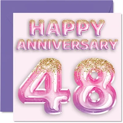 Image of Pretty 48th Anniversary Card for Wife Girlfriend Husband Boyfriend Pink Purple Glitter Balloons Happy 48 Cards from Family, 145mm x Greeting Forty Eighth Anniversaries