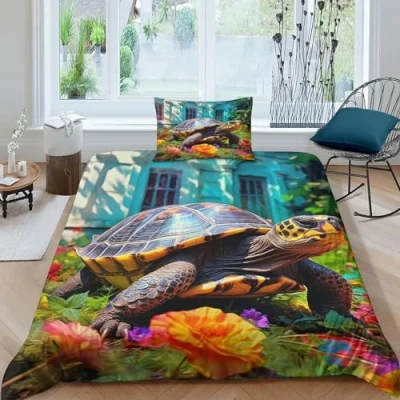 Image of 3D Print Art Turtle Duvet Cover Set Bedding Sets with Zipper Closure Tortoise Microfiber Comforter Pillowcases Quilt for Teen Boys 2Pcs,Single（135x200cm）