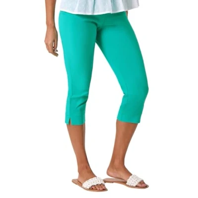 Image of Roman Originals Cropped Trousers for Women UK Ladies Capri Leggings Summer Pants Short Crop Stretch 3/4 Length Three Quarter Pedal Pusher Clothes Elasticated Bengaline Cut Off Aqua Size 10