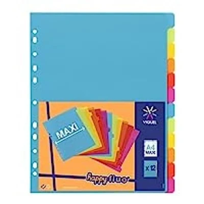 Image of Viquel Lot de 12 intercalaires en Plastique Maxi Format (24,5x30,5cm) Pour classeur A4 ou à Levier Coloris Fluo