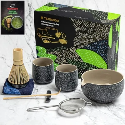 Image of TEANAGOO Matcha Set Whisk Bowl with Pouring Spout Scoop Holder Tea Making Kit. 1 Japanese (7pcs) + 2Cups(7.2oz),S1,Charcoal Grey,Color Box Packing