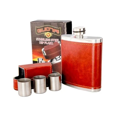 Image of KAV Pocket Hip Flask 8 Oz Premium Stainless Steel with Leather Cover And Leak Proof Ideal for Whiskey, Bourbon, Liquor Stylish Portable Durable Drinkware Every Occasion