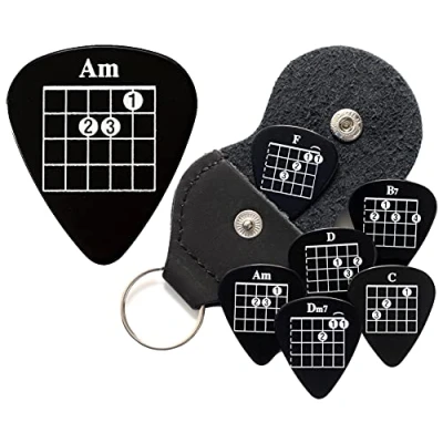 Image of 6 Black Chord Guitar Plectrums with Pick Holder Keyring Double Sided Harmony Picks