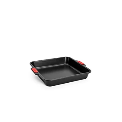 Image of Woll Bakeware Square Baking Tin 28 x cm with Heat Resistant Silicone Handles up to 230 C, PFAS Free, Double Layer Non Stick Coating, Aluminised Steel, Black