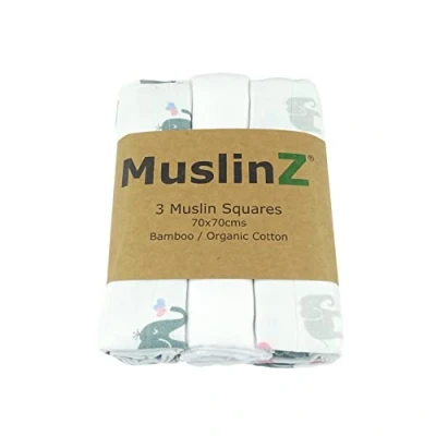 Image of MuslinZ 3PK Baby Muslin Squares, Burp Cloths, Newborn Essentials, Soft Bamboo/Organic Cotton 70 x 70cm (Elephant)