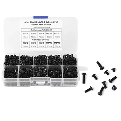 Image of Hilitand 720 Pcs M3 Screw Set Black Alloy Steel Button Flat Head Socket Cap Screws Countersunk with Plastic Box