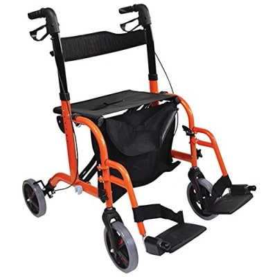 Image of Aidapt Duo Deluxe Orange Folding Light Weight 4 Wheeled Rollator Transit Chair Mobility Aid with Seat, Foot Plates, Carry Bag, Lockable Brakes and Puncture Proof Tyres for Indoor Outdoor use.