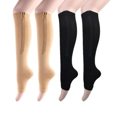 Image of 2 Pair Zipper Compression Socks Calf Pressure Open Toe Support Stockings Toeless Supports Graduated Stocking Zip Flight Running for Women Men