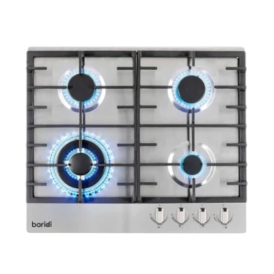 Image of Baridi 60cm Gas Hob with 4 Burners, Cast Iron Pan Supports and Auto Ignition, 8kW, Stainless Steel DH225