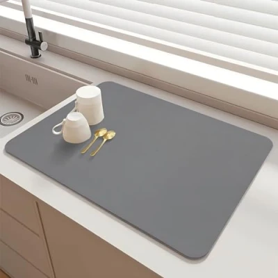 Image of SOQKEEN Kitchen Dish Drying Mat, 20&quot;x16&quot; Draining Board Mat Non Slip Super Absorbent Rollable Quick Dry Coffee Counter for Bar Sink Worktop Light Grey