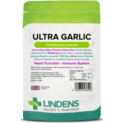 Image of Lindens Ultra Garlic Odourless Capsules 120 Pack Vitamin B1 and D3 for Normal Muscle Function, Heart Immune Health 15000mg (10500mcg Allicin) UK Manufacturer, Letterbox Friendly