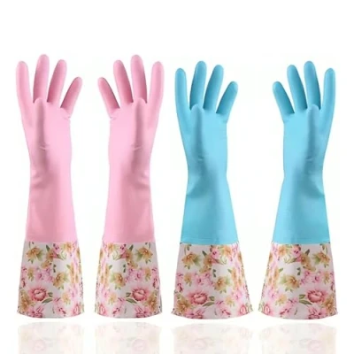 Image of KINGFINGER Rubber Latex Waterproof Dishwashing Gloves,2 Pair Medium Long Cuff Flock Lining Household Cleaning Gloves