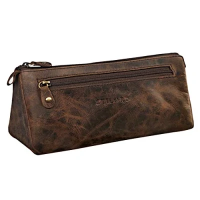 Image of STILORD &#039;Alexis&#039; Leather Pencil Pouch Vintage Pen Case Holder with Zipper for Women Men School Office in Genuine Leather, Colour:Sepia Brown