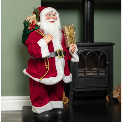 Image of 80cm Red Standing Santa Claus Indoor Decoration with Gold Present &amp; Green Sack