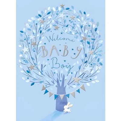 Image of New Baby Boy Congratulations Card Special Finishes Bunny Rabbit and Star Tree Welcome Made in the UK Eco Friendly