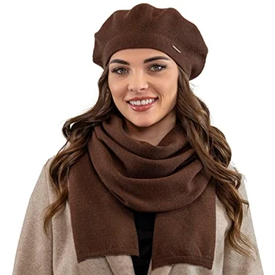 Image of Vivisence Elegant Women&#039;s Winter Beret and Scarf Set Made of Warm Thick Soft Fabric with Wool Blend for Ladies Ideal Cold Autumn Days, Brown,UNI