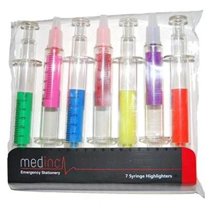 Image of Medinc Pack of 7 Syringe Highlighters Great Nurse Novelty Pen Stationary Set or Doctor Medical Student Stationery NHS Accessories Needle Marker
