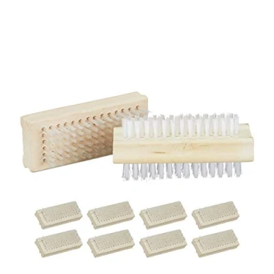 Image of Relaxdays Wooden Nail Brush, Set of 10, Double Sided, Plastic Bristle, Bathroom, H x W D: 4 9 3.5 cm, Natural, Wood, Pack 10