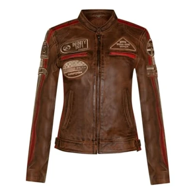 Image of Womens Tan Leather Biker Casual Racing Moto Badges Jacket