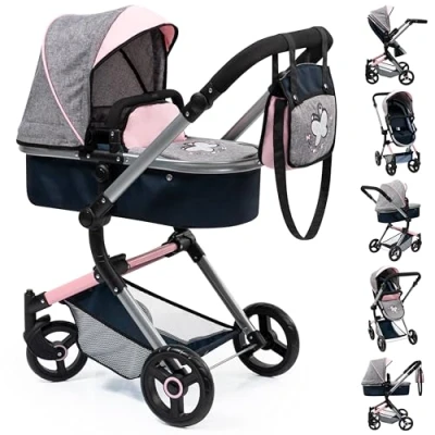 Image of Bayer Design 18427AA Dolls Pram NEO Vario stroller, bag, convertible, foldable, adjustable handle, Pink