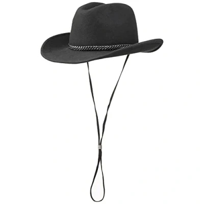 Image of Lipodo Cowboy Hat with Chin Strap Women/Men Made in Italy Wool Felt Winter Autumn S (54 55 cm) Black