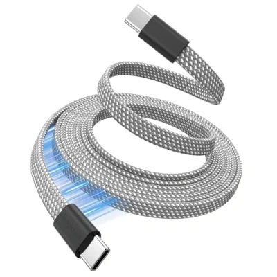 Image of Magtame Magnetic USB C Cable, 5ft Flat Coiled to Cable 60W(3A),Retractable Type Fast Charging Flexible Cord Compatible for iPhone 15 Pro Max,Samsung,Pad, Silver